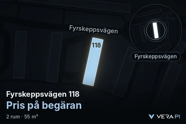 VERA PI's image of Fyrskeppsvägen 118: the building in 3D, lit in blue, and the map around it