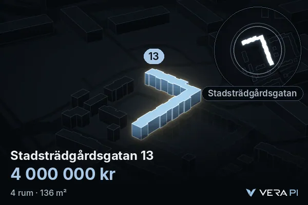 VERA PI's image of Stadsträdgårdsgatan 13: the building in 3D, lit in blue, and the map around it