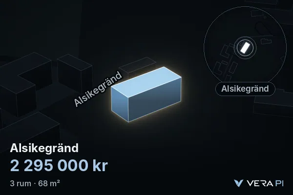 VERA PI:s bild av Alsikegränd: huset i 3D, upplyst i blått, och kartan runt omkring