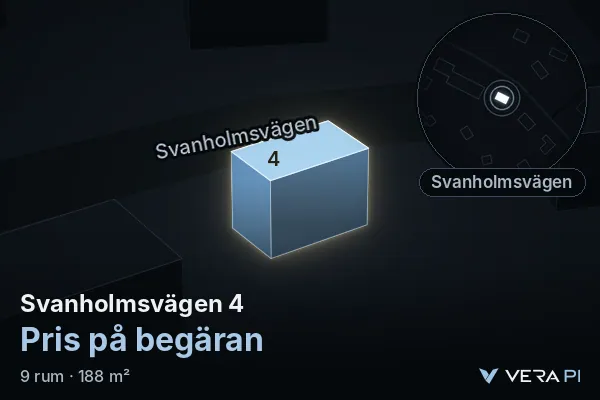 VERA PI's image of Svanholmsvägen 4: the building in 3D, lit in blue, and the map around it