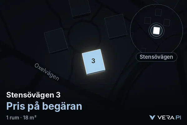 VERA PI:s bild av Stensövägen 3: huset i 3D, upplyst i blått, och kartan runt omkring