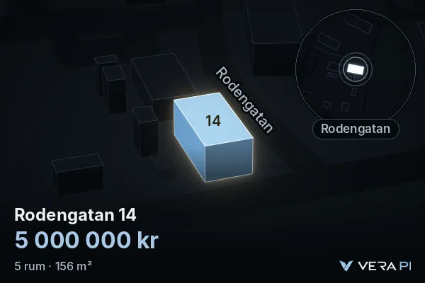 VERA PI's image of Rodengatan 14: the building in 3D, lit in blue, and the map around it