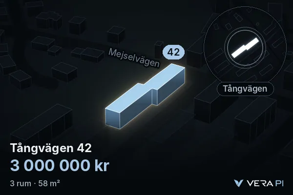 VERA PI's image of Tångvägen 42: the building in 3D, lit in blue, and the map around it