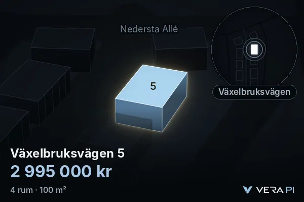 VERA PI's image of Växelbruksvägen 5: the building in 3D, lit in blue, and the map around it
