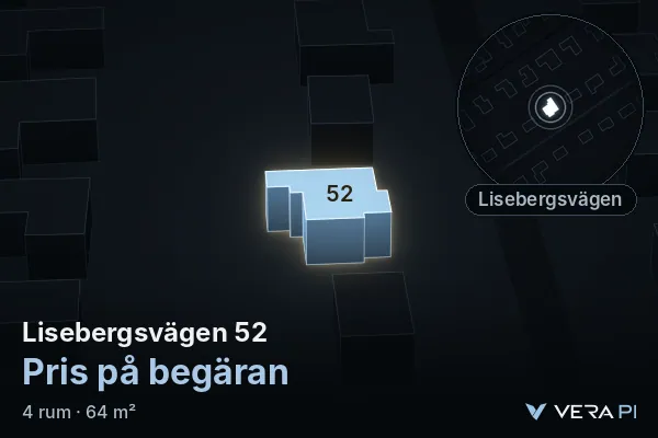 VERA PI:s bild av Lisebergsvägen 52: huset i 3D, upplyst i blått, och kartan runt omkring