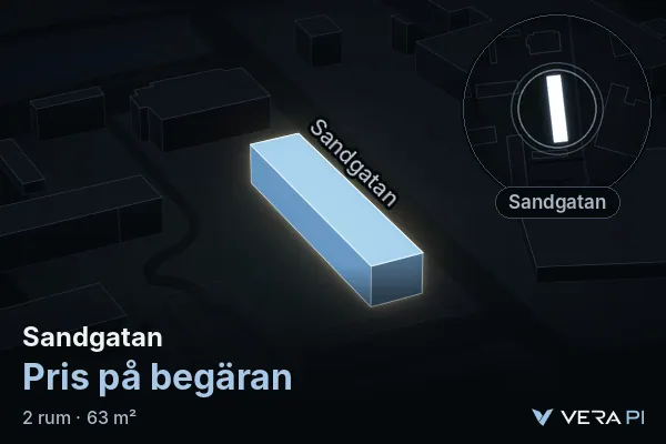 VERA PI's image of Sandgatan: the building in 3D, lit in blue, and the map around it