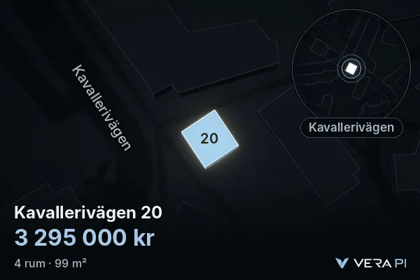 VERA PI:s bild av Kavallerivägen 20: huset i 3D, upplyst i blått, och kartan runt omkring