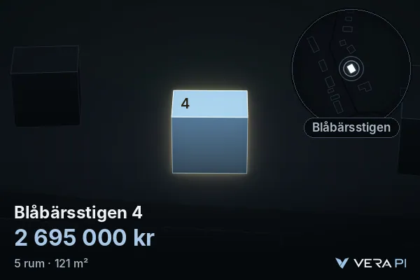 VERA PI:s bild av Blåbärsstigen 4: huset i 3D, upplyst i blått, och kartan runt omkring