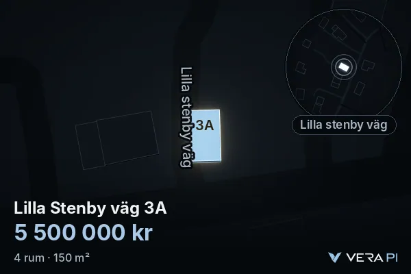 VERA PI's image of Lilla Stenby väg 3A: the building in 3D, lit in blue, and the map around it