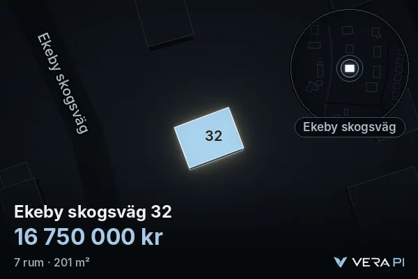 VERA PI's image of Ekeby skogsväg 32: the building in 3D, lit in blue, and the map around it