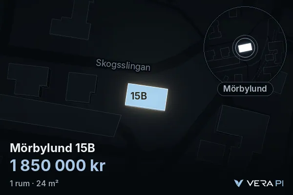 VERA PI's image of Mörbylund 15B: the building in 3D, lit in blue, and the map around it