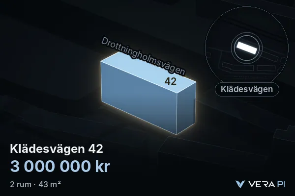 VERA PI's image of Klädesvägen 42: the building in 3D, lit in blue, and the map around it