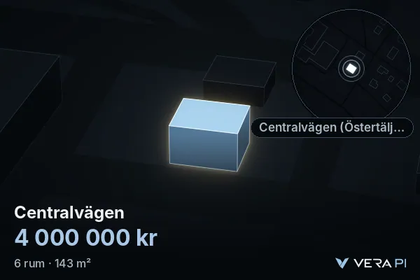 VERA PI:s bild av Centralvägen: huset i 3D, upplyst i blått, och kartan runt omkring