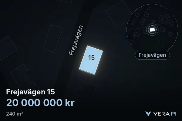 VERA PI:s bild av Frejavägen 15: huset i 3D, upplyst i blått, och kartan runt omkring