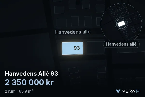 VERA PI's image of Hanvedens Allé 93: the building in 3D, lit in blue, and the map around it