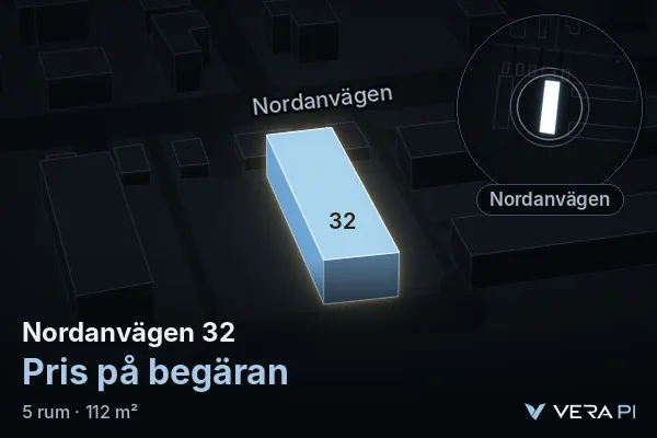 VERA PI:s bild av Nordanvägen 32: huset i 3D, upplyst i blått, och kartan runt omkring