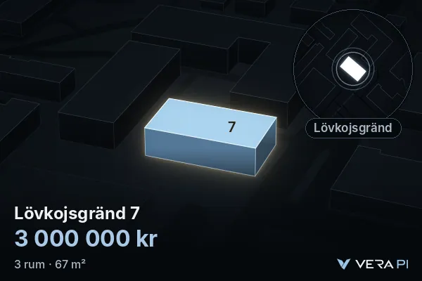 VERA PI's image of Lövkojsgränd 7: the building in 3D, lit in blue, and the map around it