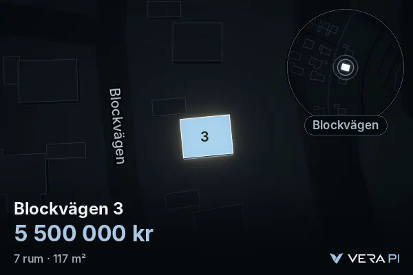 VERA PI's image of Blockvägen 3: the building in 3D, lit in blue, and the map around it