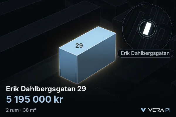VERA PI:s bild av Erik Dahlbergsgatan 29: huset i 3D, upplyst i blått, och kartan runt omkring