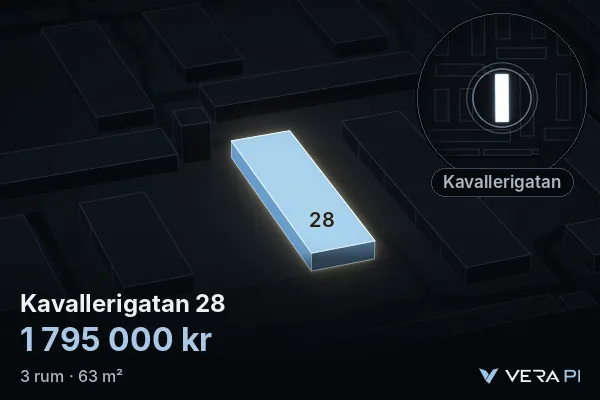 VERA PI:s bild av Kavallerigatan 28: huset i 3D, upplyst i blått, och kartan runt omkring