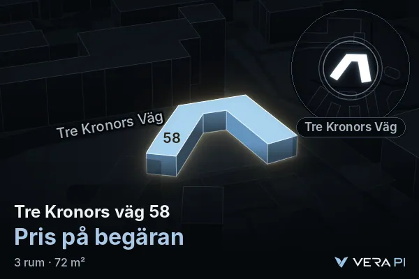VERA PI:s bild av Tre Kronors väg 58: huset i 3D, upplyst i blått, och kartan runt omkring