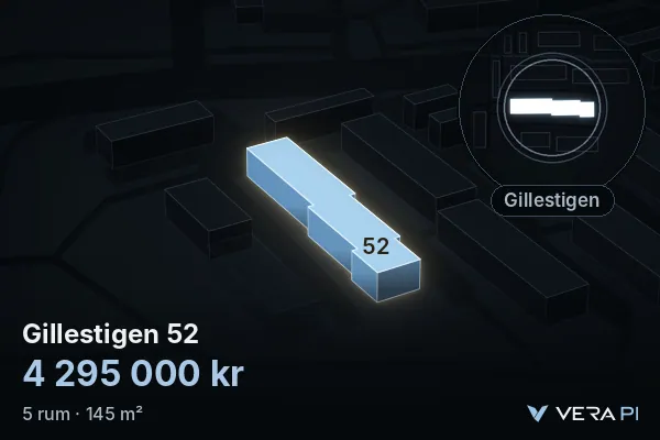 VERA PI:s bild av Gillestigen 52: huset i 3D, upplyst i blått, och kartan runt omkring