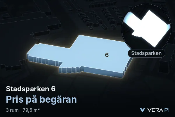 VERA PI:s bild av Stadsparken 6: huset i 3D, upplyst i blått, och kartan runt omkring