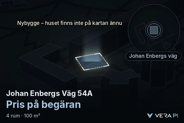 VERA PI's image of Johan Enbergs Väg 54A: the building in 3D, lit in blue, and the map around it