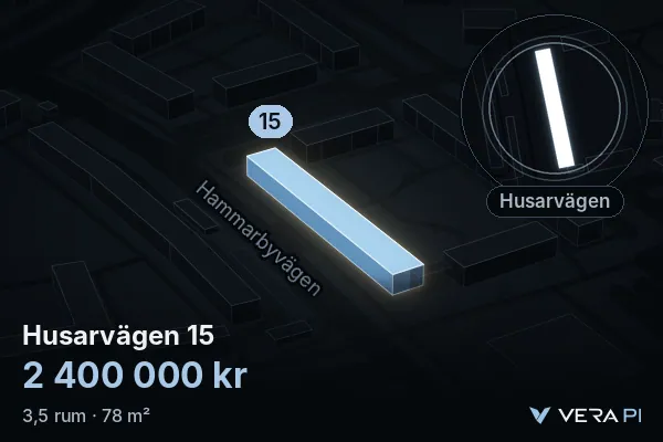 VERA PI:s bild av Husarvägen 15: huset i 3D, upplyst i blått, och kartan runt omkring