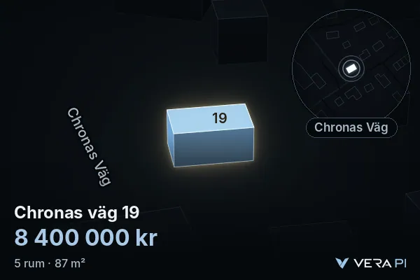 VERA PI's image of Chronas väg 19: the building in 3D, lit in blue, and the map around it