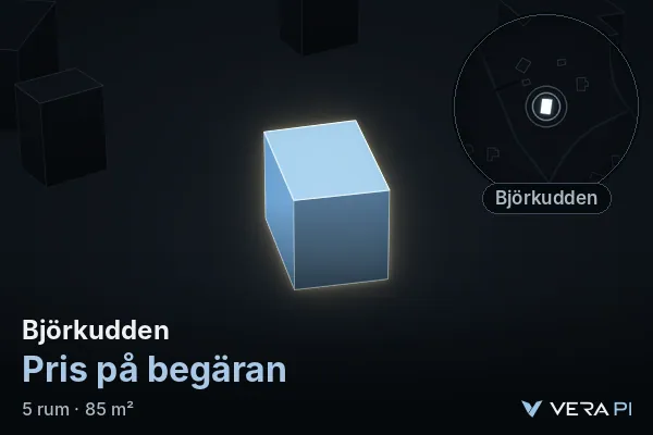 VERA PI's image of Björkudden: the building in 3D, lit in blue, and the map around it