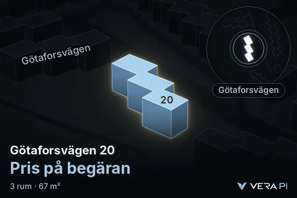 VERA PI:s bild av Götaforsvägen 20: huset i 3D, upplyst i blått, och kartan runt omkring