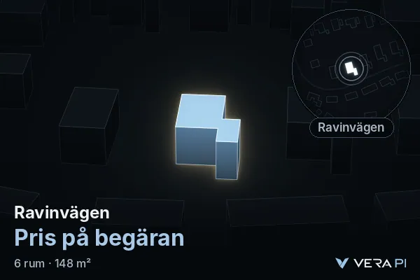 VERA PI's image of Ravinvägen: the building in 3D, lit in blue, and the map around it