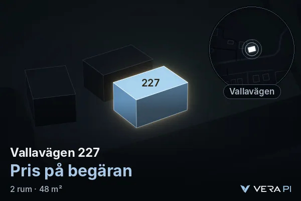 VERA PI:s bild av Vallavägen 227: huset i 3D, upplyst i blått, och kartan runt omkring