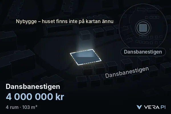 VERA PI's image of Dansbanestigen: the building in 3D, lit in blue, and the map around it