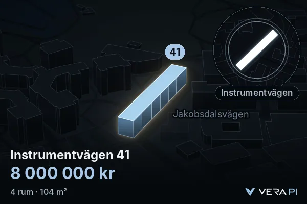 VERA PI:s bild av Instrumentvägen 41: huset i 3D, upplyst i blått, och kartan runt omkring
