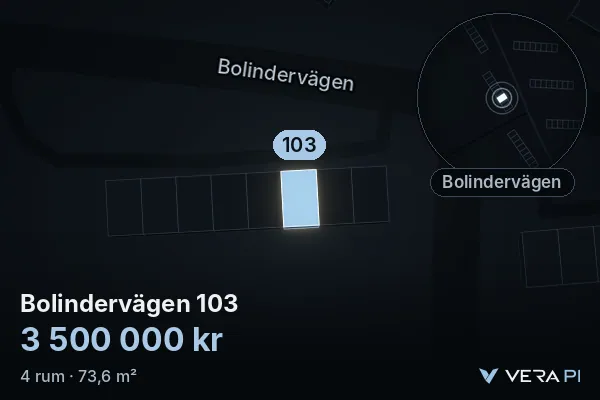 VERA PI:s bild av Bolindervägen 103: huset i 3D, upplyst i blått, och kartan runt omkring