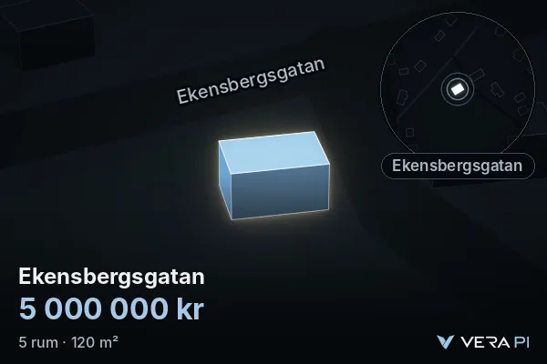 VERA PI:s bild av Ekensbergsgatan: huset i 3D, upplyst i blått, och kartan runt omkring