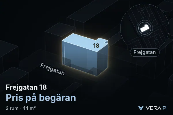 VERA PI:s bild av Frejgatan 18: huset i 3D, upplyst i blått, och kartan runt omkring