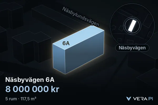 VERA PI's image of Näsbyvägen 6A: the building in 3D, lit in blue, and the map around it