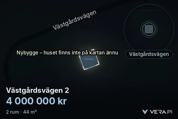 VERA PI's image of Västgårdsvägen 2: the building in 3D, lit in blue, and the map around it