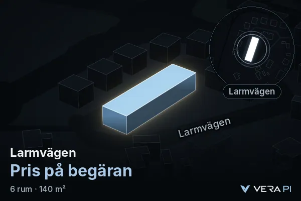 VERA PI's image of Larmvägen: the building in 3D, lit in blue, and the map around it