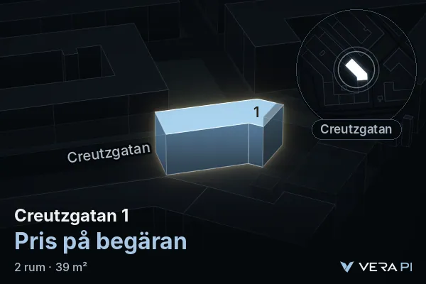 VERA PI's image of Creutzgatan 1: the building in 3D, lit in blue, and the map around it