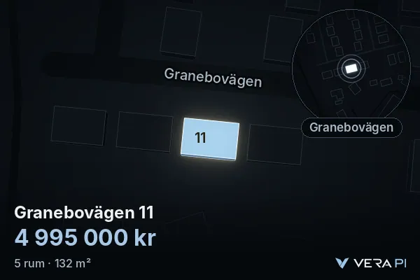 VERA PI's image of Granebovägen 11: the building in 3D, lit in blue, and the map around it