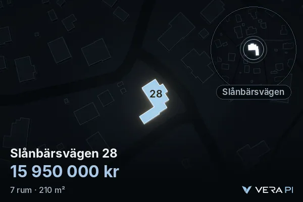 VERA PI's image of Slånbärsvägen 28: the building in 3D, lit in blue, and the map around it