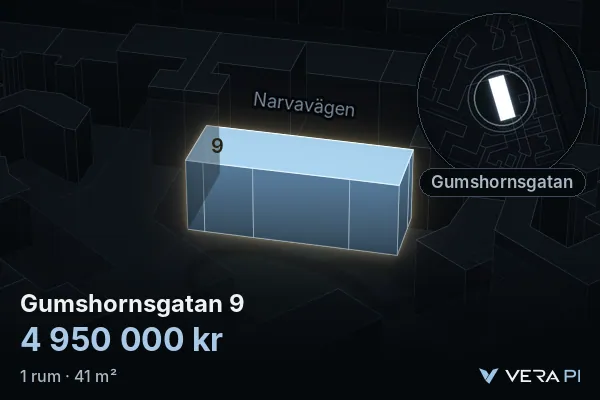 VERA PI:s bild av Gumshornsgatan 9: huset i 3D, upplyst i blått, och kartan runt omkring