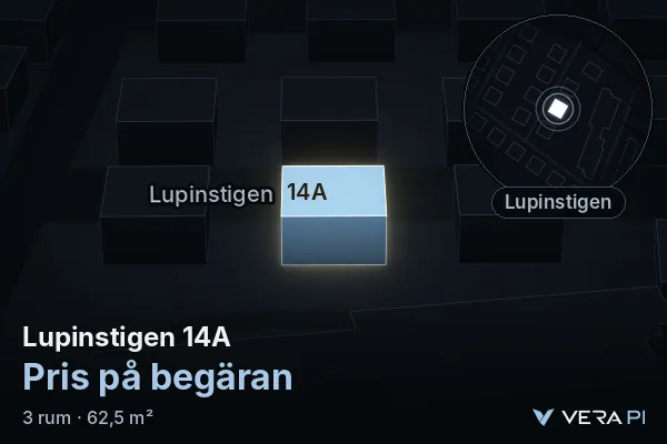VERA PI:s bild av Lupinstigen 14A: huset i 3D, upplyst i blått, och kartan runt omkring
