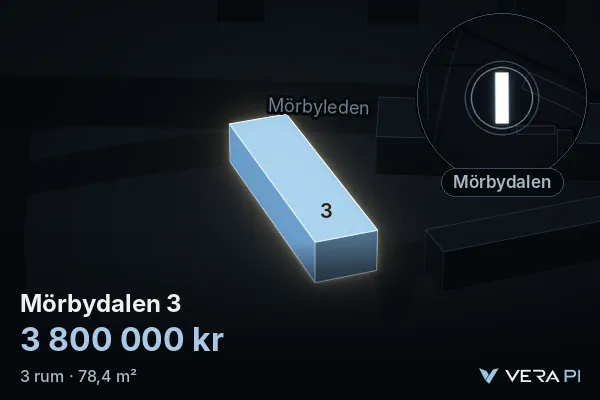 VERA PI:s bild av Mörbydalen 3: huset i 3D, upplyst i blått, och kartan runt omkring