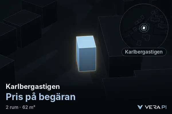 VERA PI's image of Karlbergastigen: the building in 3D, lit in blue, and the map around it