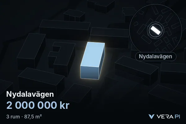 VERA PI:s bild av Nydalavägen: huset i 3D, upplyst i blått, och kartan runt omkring